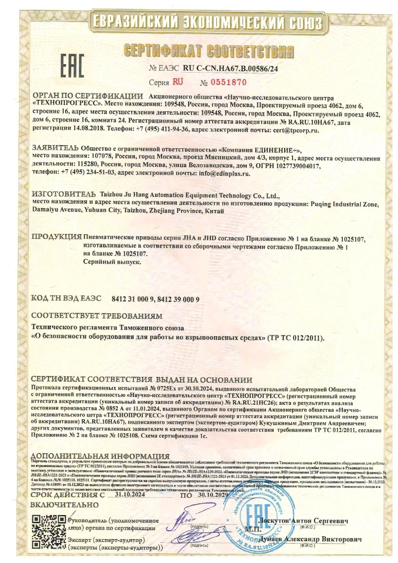 Los productos del actuador neumático de Juhang aprobaron con éxito la certificación EAC